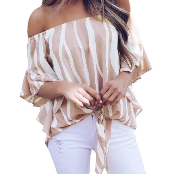 Boutique Tops - Boutique Pink & White Off Shoulder Top